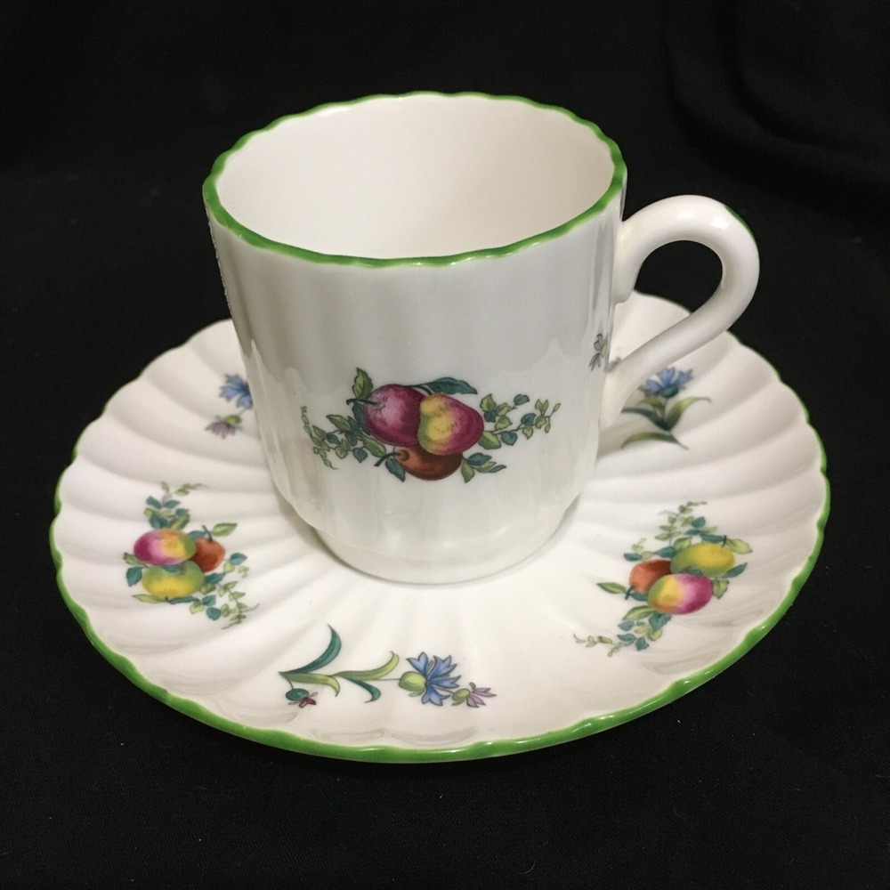 Spode Miniature Cup and Saucer, Fruit Scallop Design with Green Border